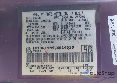 1990 Ford F150 из США, поврежденный, VIN 1FTDF15N9LNB14015